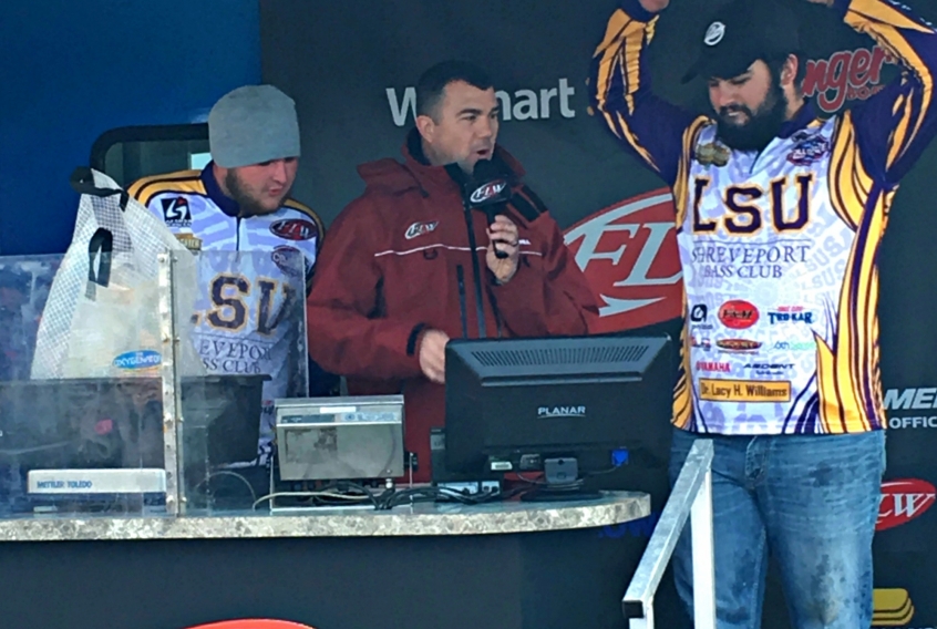 Christian Brown & Jared Rascoe at weigh-in. Placing LSUS in 1st place overall for the FLW College Fishing- Southern Division.  Photo Courtesy of FLW